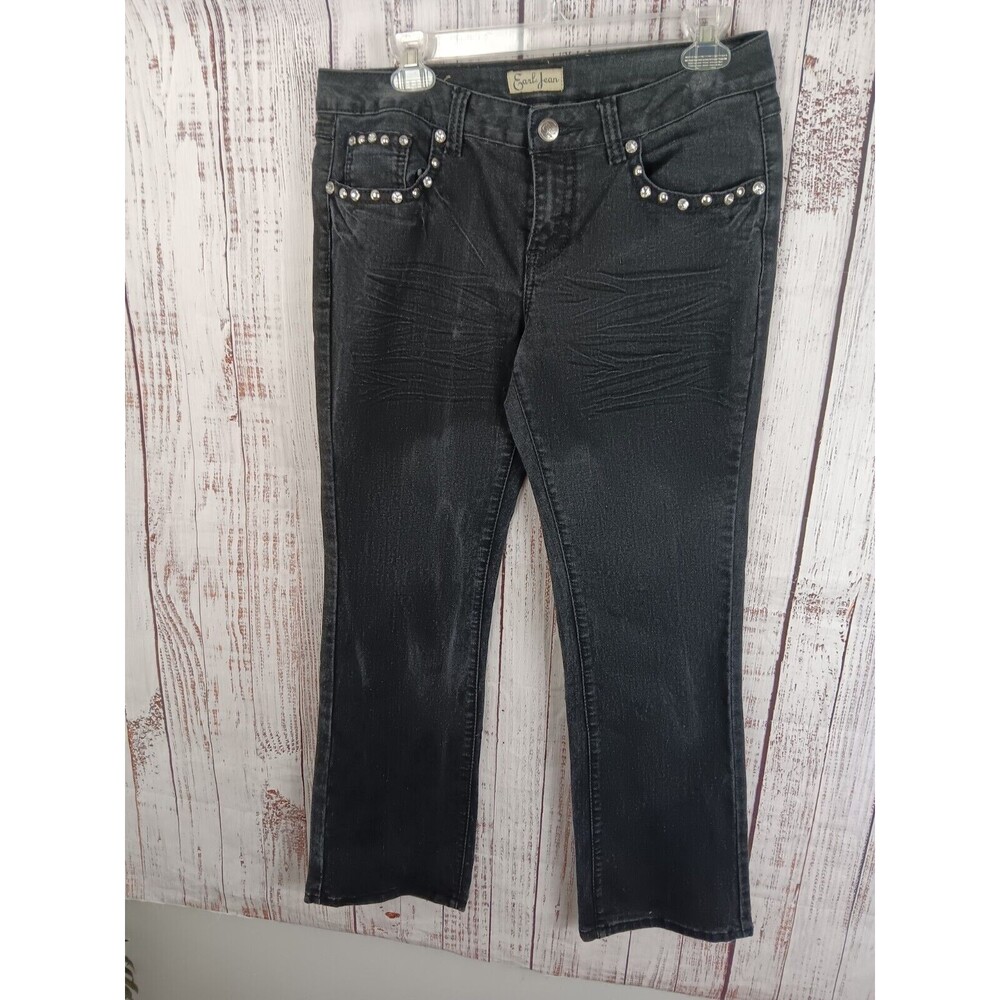 Earl Jean Pants Women's 8 Petite Black Straight Rhinestones Embellished Pockets